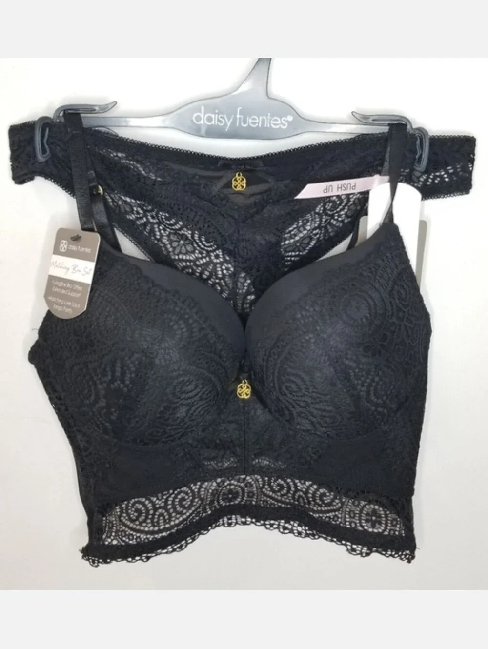 Daisy Fuentes Longline Bra & Matching Panty Set Black Lace 34C/L